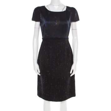 Pre Owned Elie Tahari Navy Blue Printed Satin and Tweed Cap Sleeve Lolly Sheath Dress S