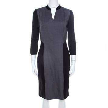 Pre Owned Elie Tahari Black and Grey Colorblock Stretch Wool Blend Citrine Dress M 