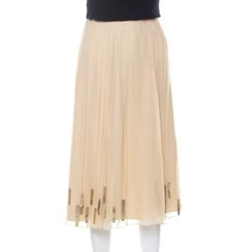 Pre Owned Elie Tahari Light Beige Pleated Silk and Gold Leather Trim Detail Midi Skirt L 