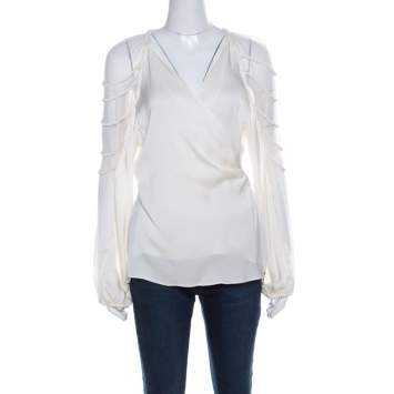 Pre Owned Elie Tahari Cream Silk Rope Sleeve Detail Carmela Wrap Blouse L