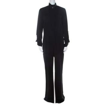 Pre Owned Elie Tahari Black Stretch Silk Zip Front Jumpsuit M