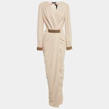 Pre Owned Elisabetta Franchi Cream Chained Crepe Belted Wrap-Up Gown S