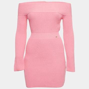Pre Owned Elisabetta Franchi Pink Rib Knit Off-Shoulder Short Dress S