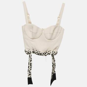 Pre Owned Elisabetta Franchi Cream Logo-Print Foulard Crepe Bustier Top S