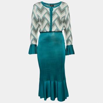 Pre Owned Elisabetta Franchi Blue Patterned Knit Flared Sleeve Maxi Dress L