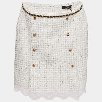 Pre Owned Elisabetta Franchi White Tweed Chai Embellished Mini Skirt S