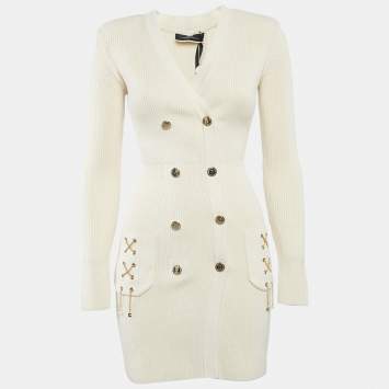 Pre Owned Elisabetta Franchi Cream Rib Knit Double Breasted Mini Dress S