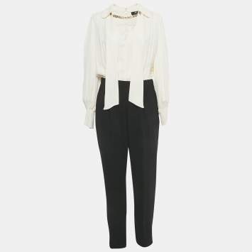 Pre Owned Elisabetta Franchi Beige/Black Crepe Detachable Top and Bottom Jumpsuit L