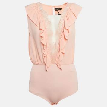 Pre Owned Elisabetta Franchi Orange/Peach Silk Lace Trimmed Bodysuit Top M