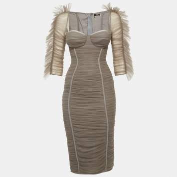 Pre Owned Elisabetta Franchi Grey Tulle Ruched Bodycon Dress S