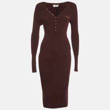 Pre Owned Elisabetta Franchi Burgundy Rib Knit Bodycon Dress S