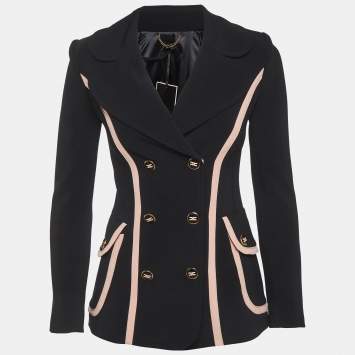 Pre Owned Elisabetta Franchi Black Crepe Contrast Detail Double Breasted Blazer S