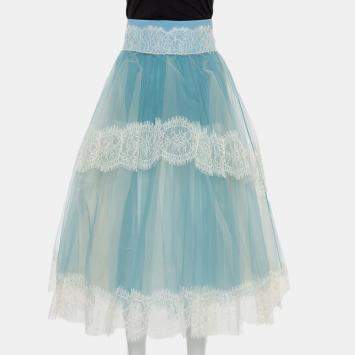 Pre Owned Elisabetta Franchi Blue Tulle & Lace Trim High Waist Sheer Midi Skirt M