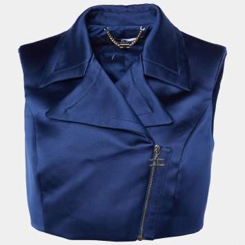 Pre Owned Elisabetta Franchi Blue Satin Cropped Gilet M
