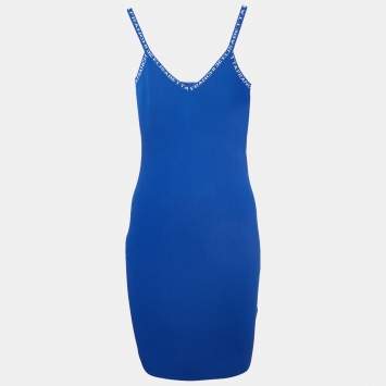 Pre Owned Elisabetta Franchi Blue Rib Knit Mini Dress M