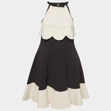 Pre Owned Elisabetta Franchi Black/Cream Crepe Halter Neck Flared Mini Dress S