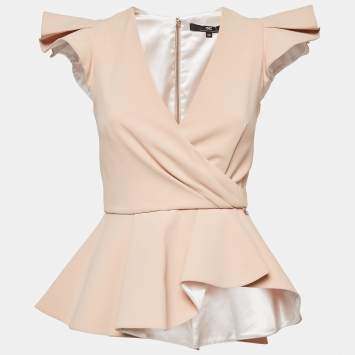 Pre Owned Elisabetta Franchi Beige Crepe Cap Sleeve Asymmetric Peplum Top S
