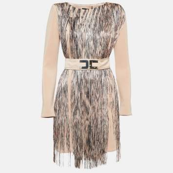 Pre Owned Elisabetta Franchi Beige Fringed Jersey Belted Midi Dress M