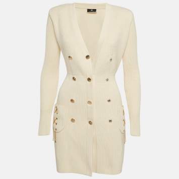 Pre Owned Elisabetta Franchi Beige Rib Knit Double Breasted Mini Dress S