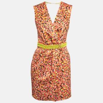 Pre Owned Elisabetta Franchi Multicolor Crepe Detailed Waist Wrap Mini Dress M