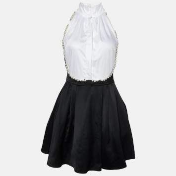 Pre Owned Elisabetta Franchi White/Black Embellished Pleated Mini Dress L