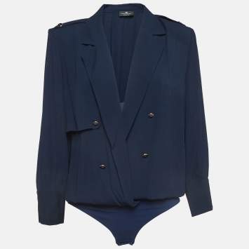 Pre Owned Elisabetta Franchi Navy Blue Crepe Draped Long Sleeve Bodysuit L