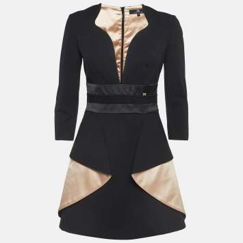 Pre Owned Elisabetta Franchi Black & Beige Crepe Mini Dress M