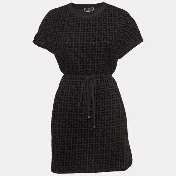 Pre Owned Elisabetta Franchi Black Monogram Patterned Cotton Knit Mini Dress M