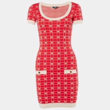 Pre Owned Elisabetta Franchi Red Logo Jacquard Knit Mini Dress M