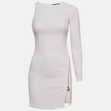 Pre Owned Elisabetta Franchi White Stretch Knit Asymmetric Sleeve Mini Dress S