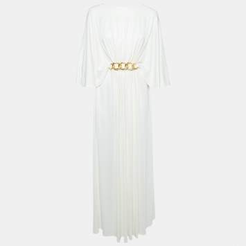 Pre Owned Elisabetta Franchi White Jersey Belted Maxi Dress S