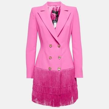 Pre Owned Elisabetta Franchi Pink Crepe Fringed Double Breasted Blazer L
