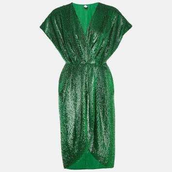Pre Owned Elisabetta Franchi Green Sequin Crepe Midi Dress L 
