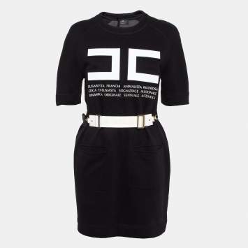 Pre Owned Elisabetta Franchi Black Textured Print Cotton Belted T-Shirt Dress M