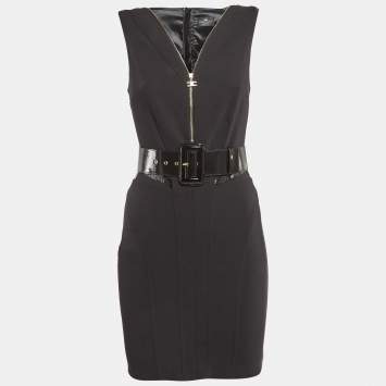 Pre Owned Elisabetta Franchi Black Leather Trim Jersey V-Neck Bodycon Dress S