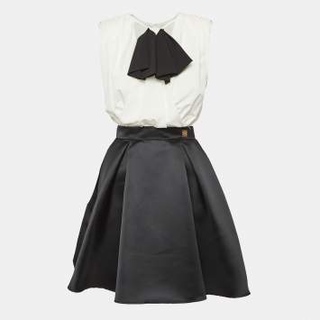 Pre Owned Elisabetta Franchi Black/White Crepe Detachable Skirt Mini Dress M