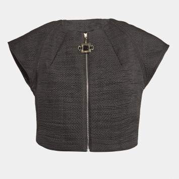 Pre Owned Elisabetta Franchi Gold Black Crinkle Crepe Zip-Up Top S