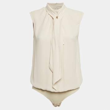 Pre Owned Elisabetta Franchi Cream Crepe Neck Bow Detail Bodysuit M
