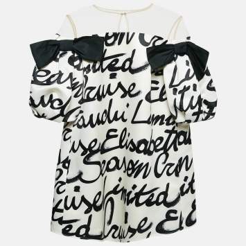 Pre Owned Elisabetta Franchi White Printed Satin Puff Sleeve Bow Detail Mini Dress L