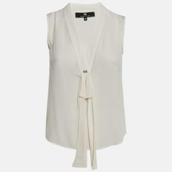 Pre Owned Elisabetta Franchi White Crepe V-Neck Bow Detail Top M