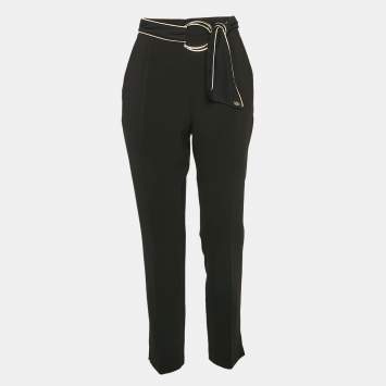 Pre Owned Elisabetta Franchi Black Contrast Trim Crepe Embellished Belt Pants M