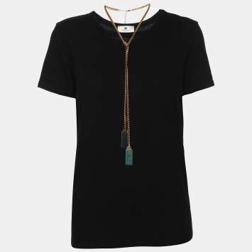 Pre Owned Elisabetta Franchi Black Cotton Round Neck Chain T-Shirt S