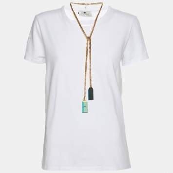 Pre Owned Elisabetta Franchi White Cotton Round Neck Chain T-Shirt S