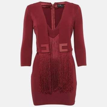 Pre Owned Elisabetta Franchi Burgundy Fringed Crepe Mini Dress S