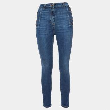 Pre Owned Elisabetta Franchi Blue Denim Button Detail Jeans M Waist 28"