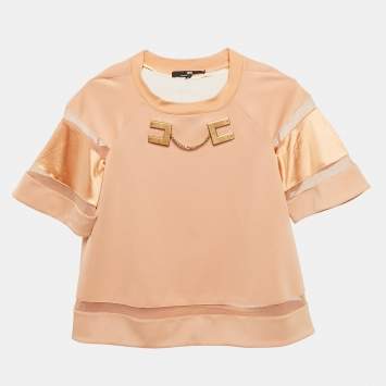 Pre Owned Elisabetta Franchi Light Orange  Logo Plaque Tulle Trim Jersey Top S