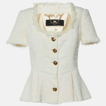 Pre Owned Elisabetta Franchi White Tweed Short Sleeve Peplum Jacket M