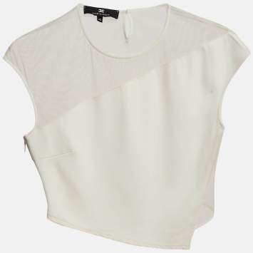 Pre Owned Elisabetta Franchi White Crepe and Mesh Crop Top L