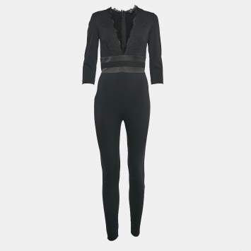 Pre Owned Elisabetta Franchi Black Lace Trim Jersey Plunging Neck Jumpsuit M