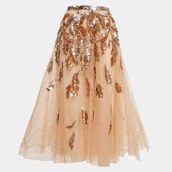Pre Owned Elisabetta Franchi Beige Sequin Embellished Tulle Midi Skirt M